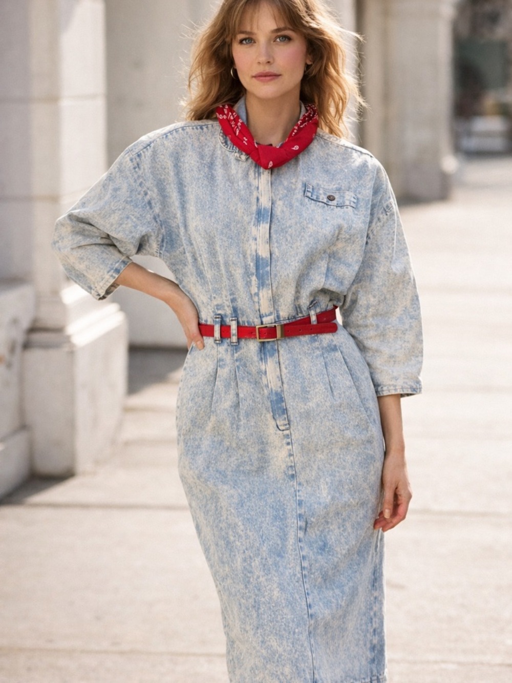 Light Acid-Wash Denim Shirt Dress with Red Accents 1980